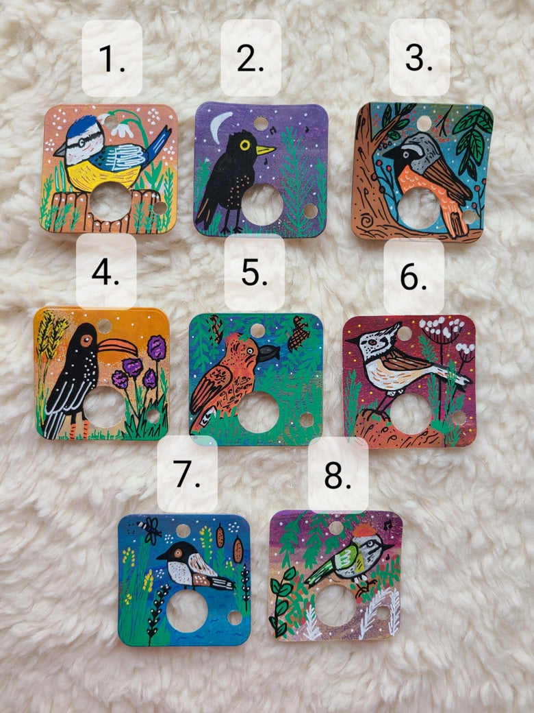 illustrations of birds on card floss drops