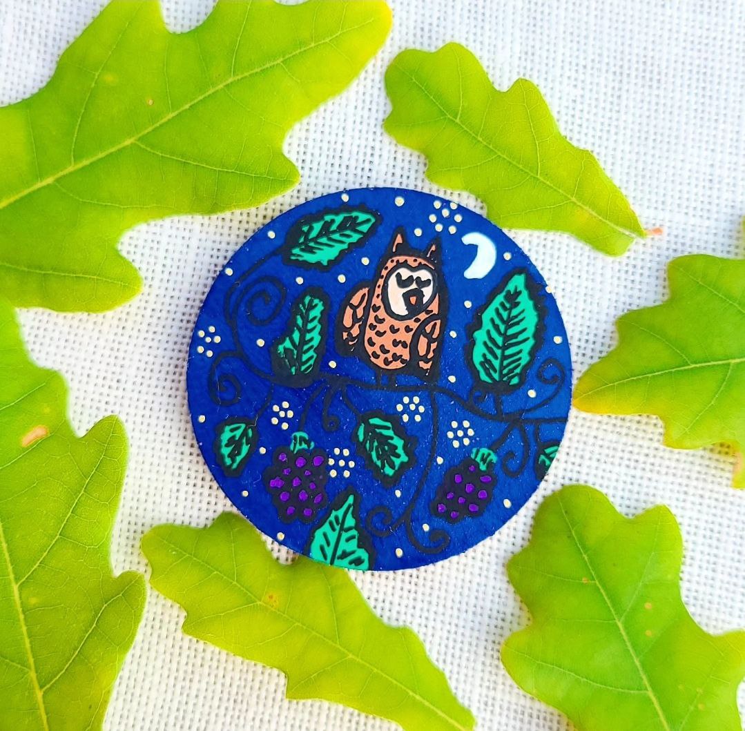 hand painted illustration of owl at night on large needle minder