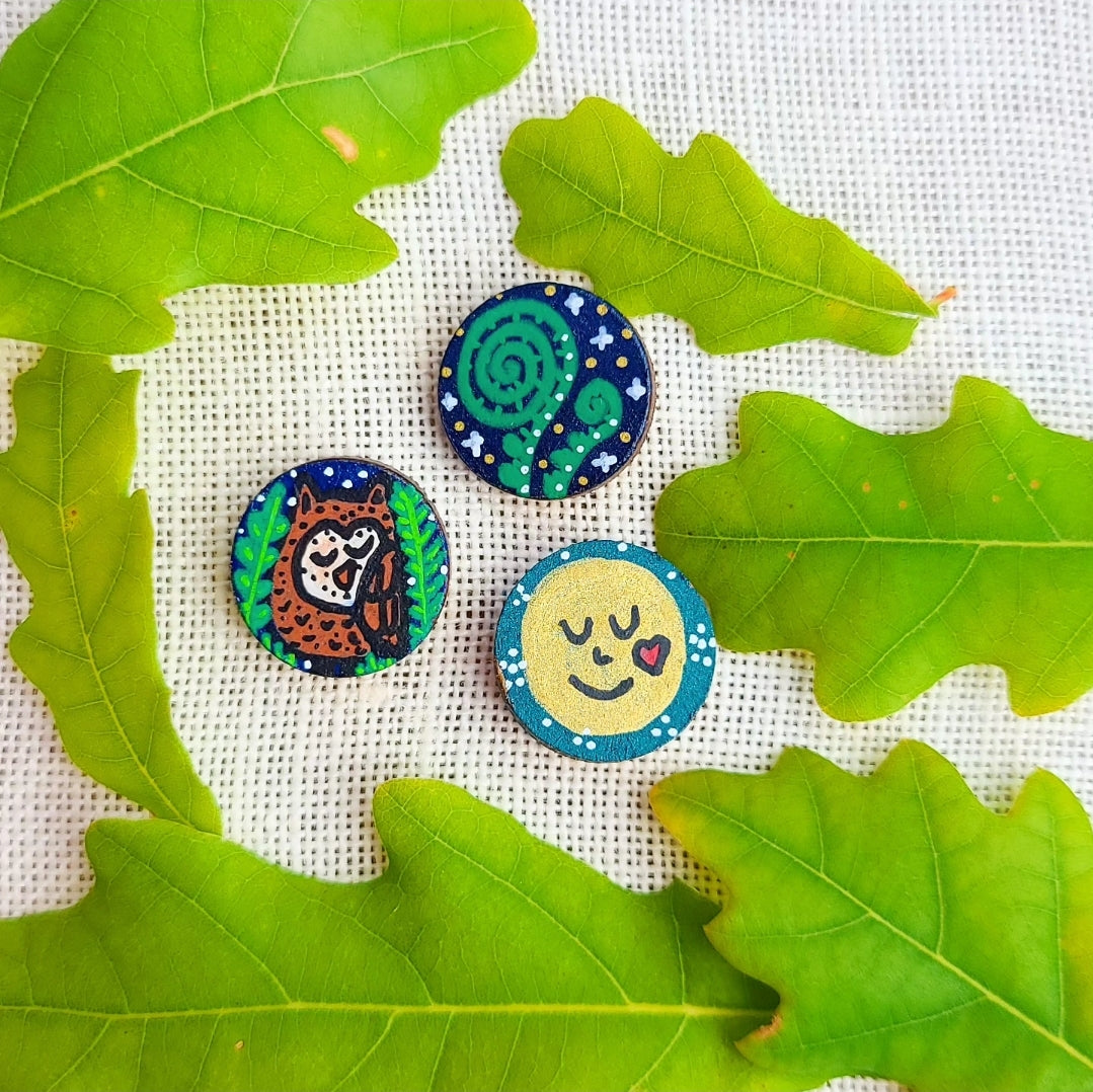 three Woodland mini needle minders with illustration of fern, moon and owl