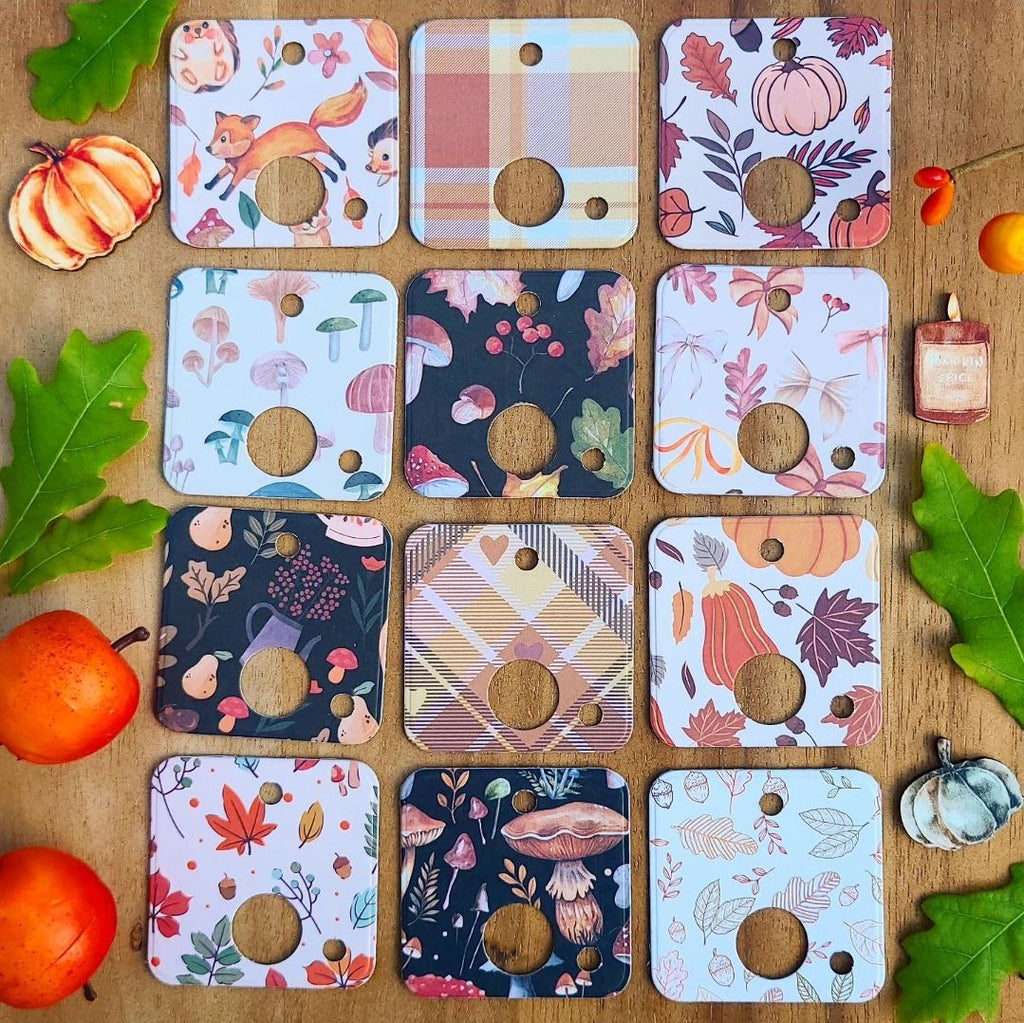 decorative card floss drops with images of whimsical autumn themed, foxes, hedghogs, mushrooms and harvest