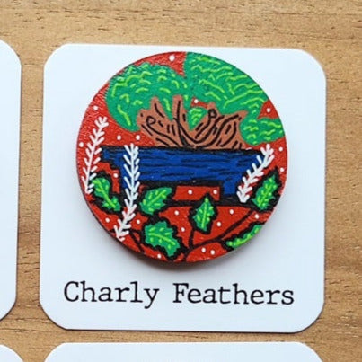 bonsai illustration on wooden disc