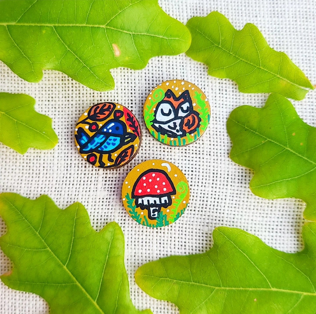 Mini needle minders with bird, fox and toadstool illustrations