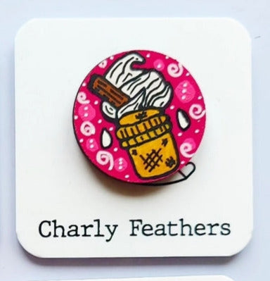 needle minder with ice cream cone design on a pink background, branded 'Charly Feathers'.
